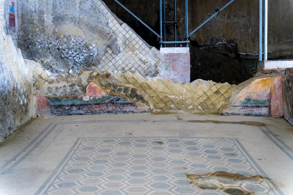 Herculaneum Villa dei Papiri. October 2023. Room (f), looking towards remains of north wall. Photo courtesy of Johannes Eber.